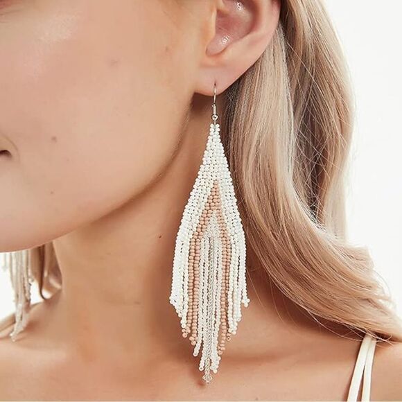 White Bohemian Seed Bead Tassel Dangling Statement French Wire Hook Earrings - Picture 3 of 5